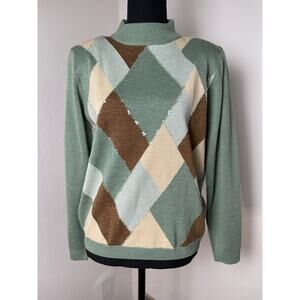 VTG Alfred Dunner Women's Wool Geometric Sequin Artzy Funnel Sweater Green PL